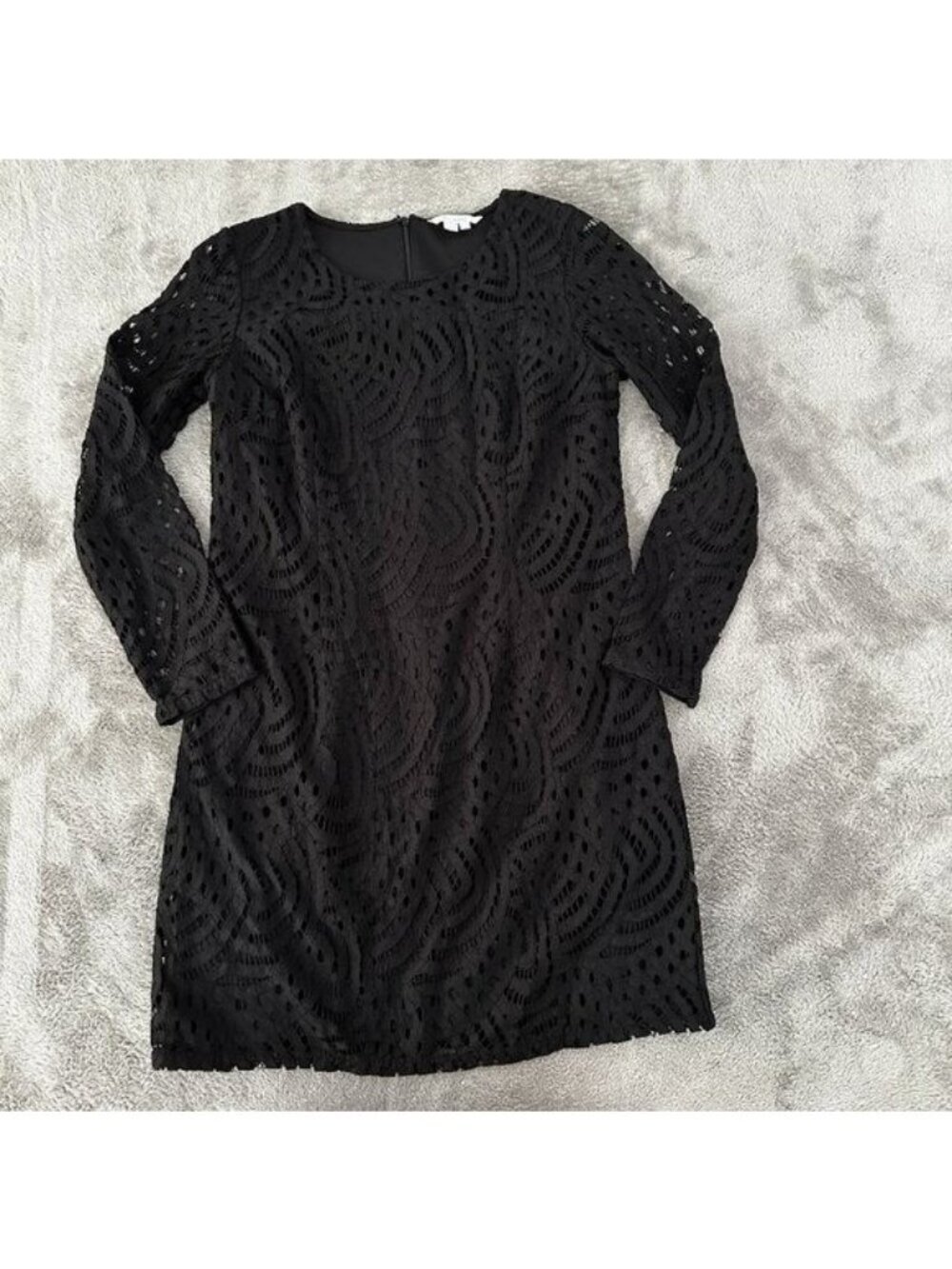 Boden Black Lace Overlay Sheath Dress 8 Petite Long Sleeve Classic Capsule